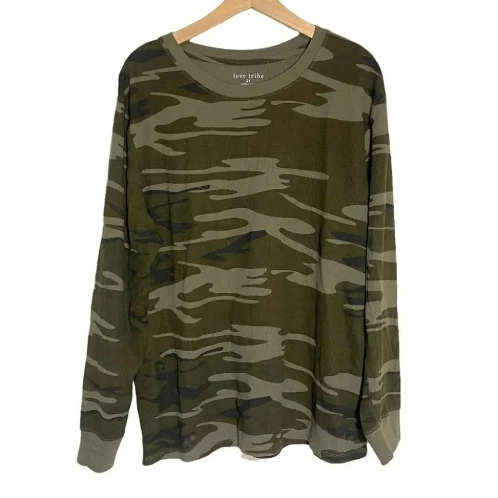 Love Tribe Topβ 2X Green Camo Waffle Knit Thermal Long Sleeve Crew Neck